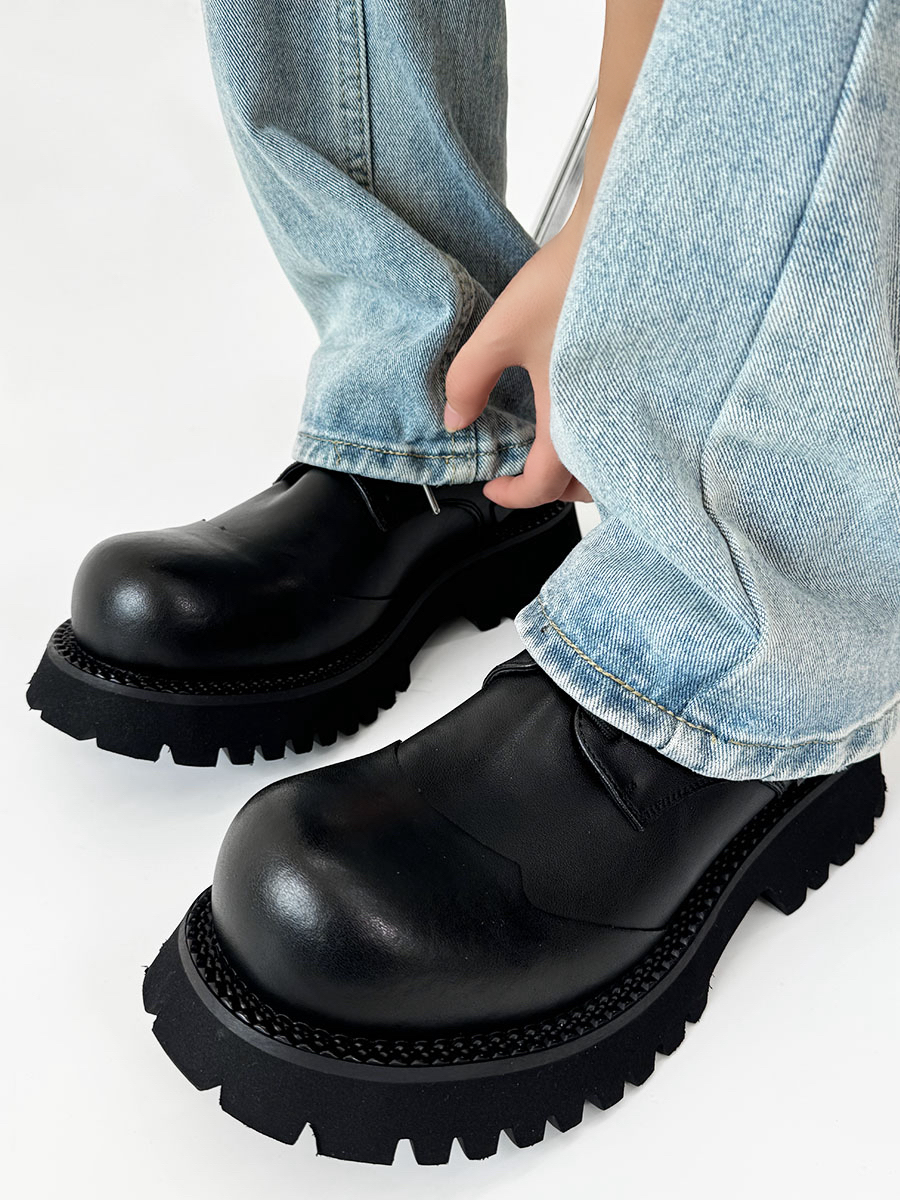 Height-Increasing Black Genuine Leather Derby Shoes for Men & Women, Thick-Soled Pointed-Toe Dress Shoes, Mickey Mouse Design Height-Increasing Black Genuine Leather Derby Shoes for Men & Women, Thick-Soled Pointed-Toe Dress Shoes, Mickey Mouse Design