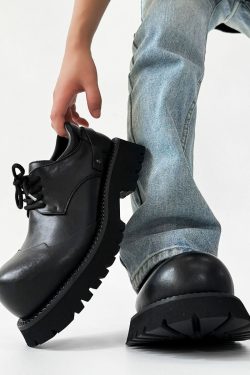 Height-Increasing Black Genuine Leather Derby Shoes for Men & Women, Thick-Soled Pointed-Toe Dress Shoes, Mickey Mouse Design