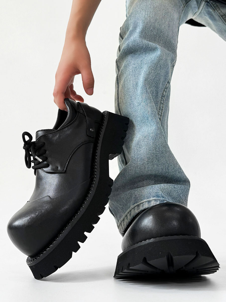 Height-Increasing Black Genuine Leather Derby Shoes for Men & Women, Thick-Soled Pointed-Toe Dress Shoes, Mickey Mouse Design Height-Increasing Black Genuine Leather Derby Shoes for Men & Women, Thick-Soled Pointed-Toe Dress Shoes, Mickey Mouse Design