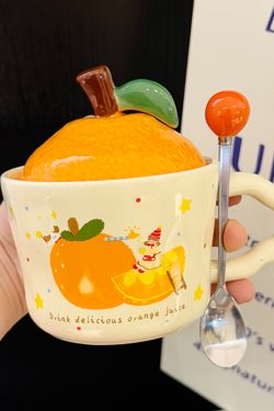 High Aesthetic Orange Ceramic Mug with Lid and Spoon - Perfect Birthday and Graduation Gift for Girls