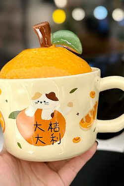 High Aesthetic Orange Ceramic Mug with Lid and Spoon - Perfect Birthday and Graduation Gift for Girls