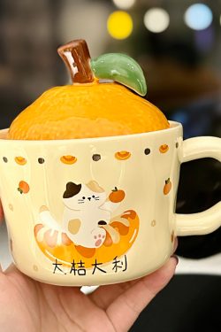 High Aesthetic Orange Ceramic Mug with Lid and Spoon - Perfect Birthday and Graduation Gift for Girls