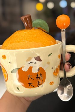 High Aesthetic Orange Ceramic Mug with Lid and Spoon - Perfect Birthday and Graduation Gift for Girls