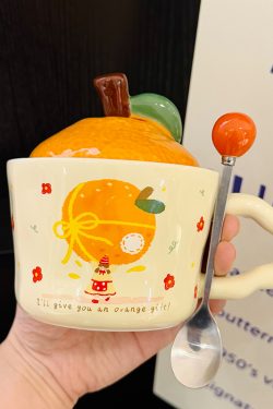 High Aesthetic Orange Ceramic Mug with Lid and Spoon - Perfect Birthday and Graduation Gift for Girls
