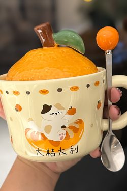 High Aesthetic Orange Ceramic Mug with Lid and Spoon - Perfect Birthday and Graduation Gift for Girls