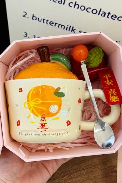 High Aesthetic Orange Ceramic Mug with Lid and Spoon - Perfect Birthday and Graduation Gift for Girls