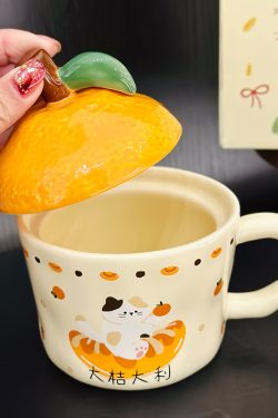 High Aesthetic Orange Ceramic Mug with Lid and Spoon - Perfect Birthday and Graduation Gift for Girls