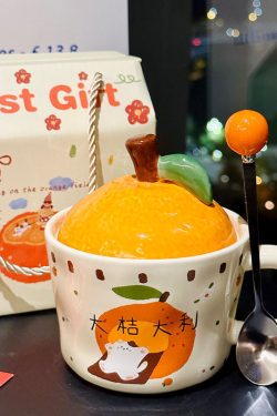 High Aesthetic Orange Ceramic Mug with Lid and Spoon - Perfect Birthday and Graduation Gift for Girls