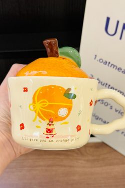 High Aesthetic Orange Ceramic Mug with Lid and Spoon - Perfect Birthday and Graduation Gift for Girls