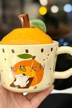 High Aesthetic Orange Ceramic Mug with Lid and Spoon - Perfect Birthday and Graduation Gift for Girls