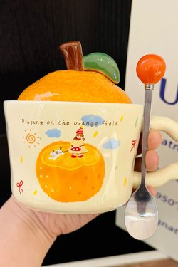 High Aesthetic Orange Ceramic Mug with Lid and Spoon - Perfect Birthday and Graduation Gift for Girls