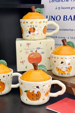 High Aesthetic Orange Ceramic Mug with Lid and Spoon - Perfect Birthday and Graduation Gift for Girls