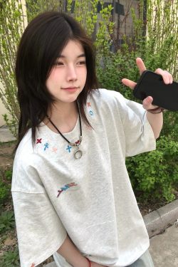 High-End American Minimalist Embroidered Letter Heavyweight Short Sleeve T-Shirt for Women - Summer 2025 Couple's Style Top