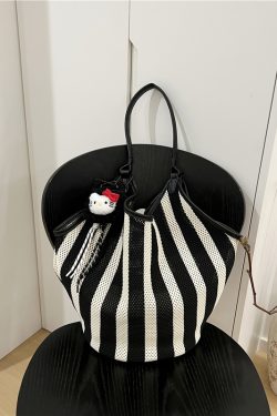 High-End Black and White Striped Tote Bag with Mother and Child Design - Large Capacity Shoulder and Underarm Bag