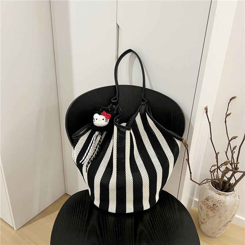 High-End Black and White Striped Tote Bag with Mother and Child Design - Large Capacity Shoulder and Underarm Bag High-End Black and White Striped Tote Bag with Mother and Child Design - Large Capacity Shoulder and Underarm Bag