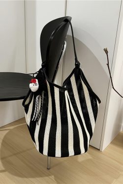 High-End Black and White Striped Tote Bag with Mother and Child Design - Large Capacity Shoulder and Underarm Bag