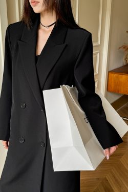 High-End Black Slimming Loose Mid-Length Double-Breasted Trench Coat for Women - Lightweight Spring Fashion