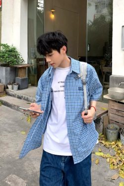 High-End Blue Plaid Short Sleeve Shirt for Men and Women, Summer College Style with Letter Embroidery, Loose Casual Top