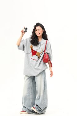 High-End Fabric American Retro Sausage Dog Embroidery Short-Sleeve T-Shirt for Women - Loose Fit Versatile Style