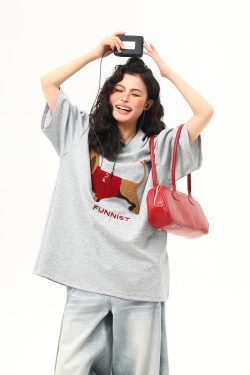 High-End Fabric American Retro Sausage Dog Embroidery Short-Sleeve T-Shirt for Women - Loose Fit Versatile Style