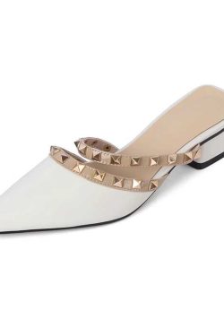High-End Fashion Genuine Leather Studded Open-Toe Slippers for Women - Soft Mid-Heel, Italian Style, Trendy Footwear