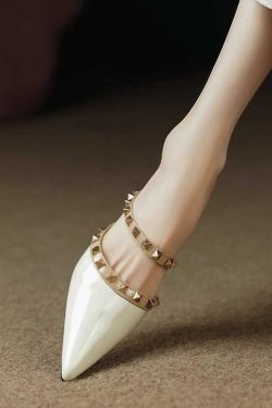 High-End Fashion Genuine Leather Studded Open-Toe Slippers for Women - Soft Mid-Heel, Italian Style, Trendy Footwear