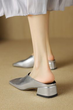 High-End Genuine Leather Open-Toe Half Slippers - Chunky Heels Outdoor Mule Shoes for Effortless Italian Style