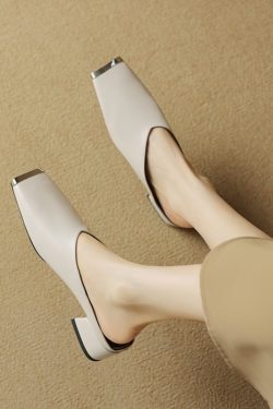 High-End Genuine Leather Open-Toe Half Slippers - Chunky Heels Outdoor Mule Shoes for Effortless Italian Style