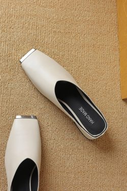 High-End Genuine Leather Open-Toe Half Slippers - Chunky Heels Outdoor Mule Shoes for Effortless Italian Style