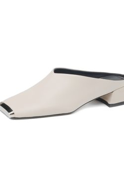 High-End Genuine Leather Open-Toe Half Slippers - Chunky Heels Outdoor Mule Shoes for Effortless Italian Style