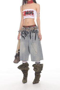 High-End Graffiti Letter Denim Loose Wide-Leg Shorts for Women - Summer 2025 Korean Niche Style