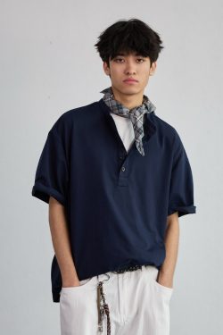 High-End Heavyweight Oversized Henley Collar Short Sleeve T-Shirt for Men - Loose Fit Round Neck Tee - Y2K Summer Style