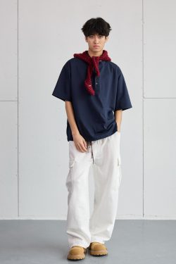 High-End Heavyweight Oversized Henley Collar Short Sleeve T-Shirt for Men - Loose Fit Round Neck Tee - Y2K Summer Style