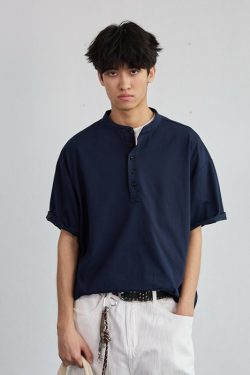 High-End Heavyweight Oversized Henley Collar Short Sleeve T-Shirt for Men - Loose Fit Round Neck Tee - Y2K Summer Style