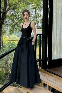 High-End Light Fabric Black Long Vest Dress with Slim Waist - Summer Floor-Length Skirt Fashion