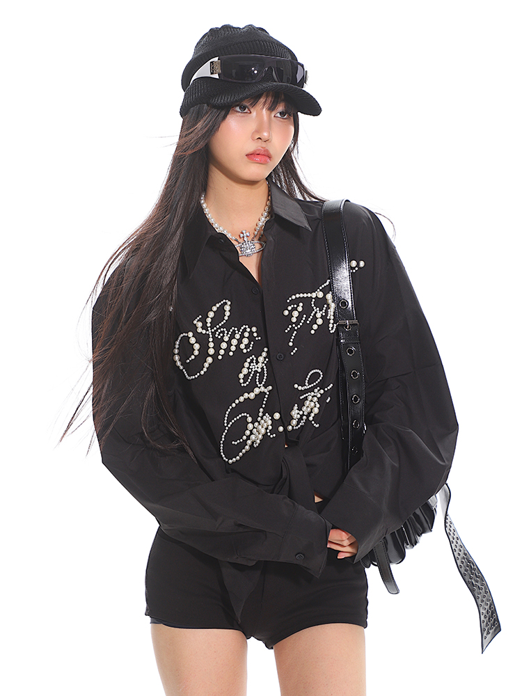 High-End Pearl Beaded Letter Shirt Jacket for Women - Loose Fit, Niche Style for Spring Summer, Trendy Heavy Industry Design High-End Pearl Beaded Letter Shirt Jacket for Women - Loose Fit, Niche Style for Spring Summer, Trendy Heavy Industry Design