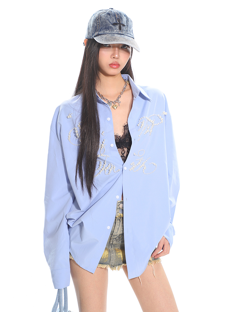 High-End Pearl Beaded Letter Shirt Jacket for Women - Loose Fit, Niche Style for Spring Summer, Trendy Heavy Industry Design High-End Pearl Beaded Letter Shirt Jacket for Women - Loose Fit, Niche Style for Spring Summer, Trendy Heavy Industry Design