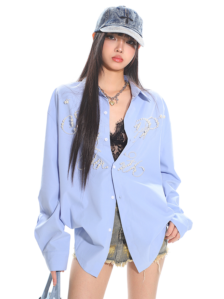 High-End Pearl Beaded Letter Shirt Jacket for Women - Loose Fit, Niche Style for Spring Summer, Trendy Heavy Industry Design High-End Pearl Beaded Letter Shirt Jacket for Women - Loose Fit, Niche Style for Spring Summer, Trendy Heavy Industry Design