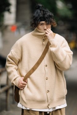 High-End Retro Button Cardigan Sweater for Men and Women, Japanese-Style High-Neck Knitwear, Warm Couple Fashion