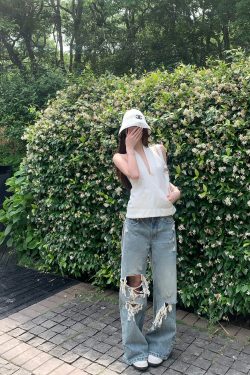 High-End Ripped Denim Pants for Women - Summer Loose Vintage Wide-Leg Straight Jeans, Y2K Style, Casual Fashion