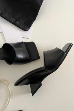High-End Sheepskin Square-Toe Irregular Heeled Open-Toe Mule Sandals for Women - Stylish Cool Slippers
