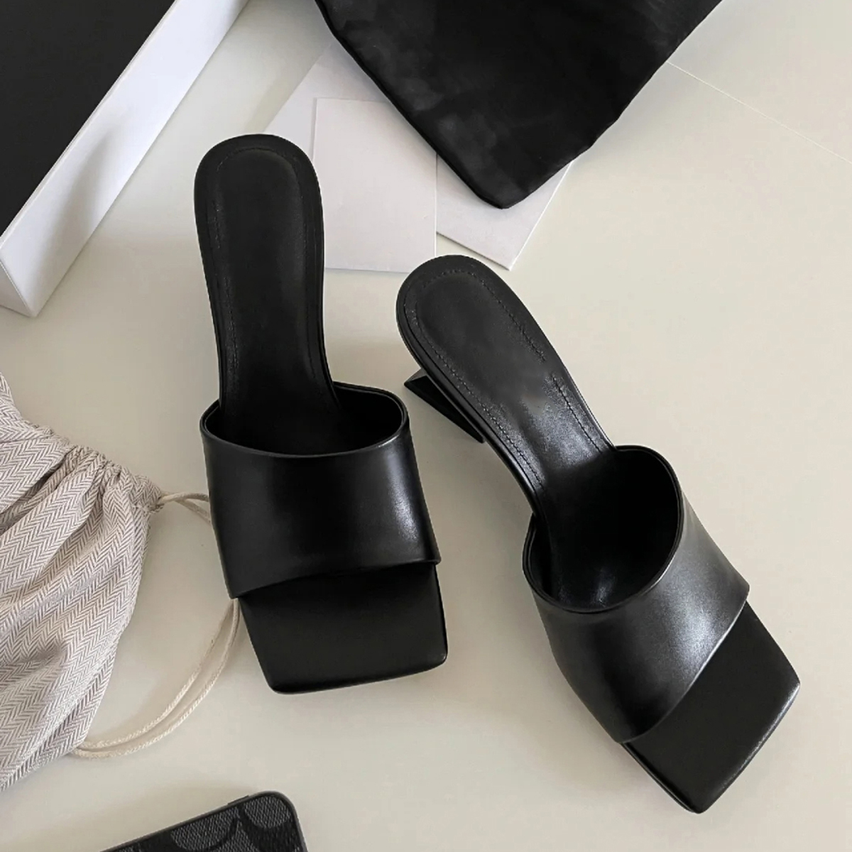 High-End Sheepskin Square-Toe Irregular Heeled Open-Toe Mule Sandals for Women - Stylish Cool Slippers High-End Sheepskin Square-Toe Irregular Heeled Open-Toe Mule Sandals for Women - Stylish Cool Slippers