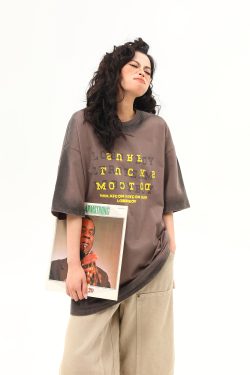 High-End Vintage Wash Gradient Short Sleeve T-Shirt for Men and Women - Trendy Heavyweight Couples Tee