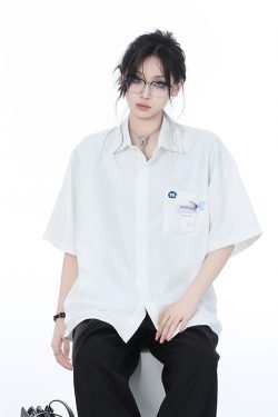 High-End White Short Sleeve Shirt for Women, Unique Loose Casual Design, Trendy Summer Fashion