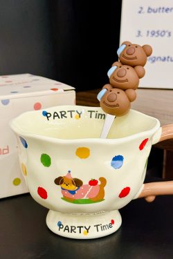 High-Footed Cute Heart Ceramic Water Cup - Wide-Mouth Breakfast Mug for Girls