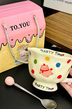 High-Footed Cute Heart Ceramic Water Cup - Wide-Mouth Breakfast Mug for Girls