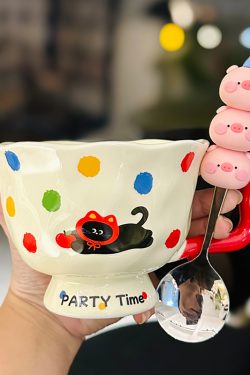High-Footed Cute Heart Ceramic Water Cup - Wide-Mouth Breakfast Mug for Girls