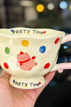 High-Footed Cute Heart Ceramic Water Cup - Wide-Mouth Breakfast Mug for Girls