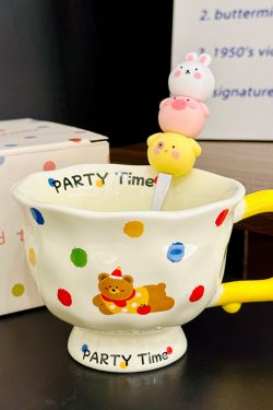 High-Footed Cute Heart Ceramic Water Cup - Wide-Mouth Breakfast Mug for Girls