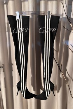 High Heeled Long Boots for Women - Slim Three Stripes Design with Rhinestones, Elastic Fit, Autumn/Winter Fashion, Hot Girl Style